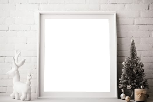 fancy modern Christmas mockup with farmhouse flair, empty blank white wooden picture frame . photo