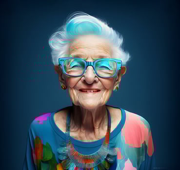 content, Portrait of a modern elderly woman in glasses with blue hair. smiling happily photo