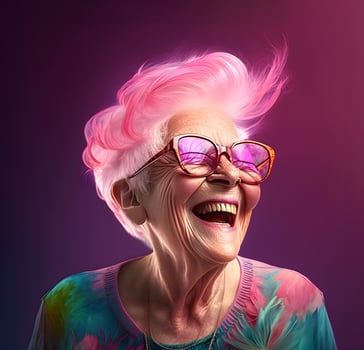 content,Portrait of a modern elderly woman in glasses with pink hair. smiling happily photo