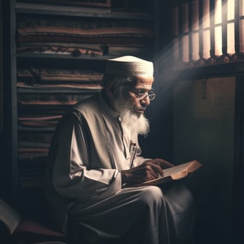 Muslim elder sitting in mosque reading Quran photo