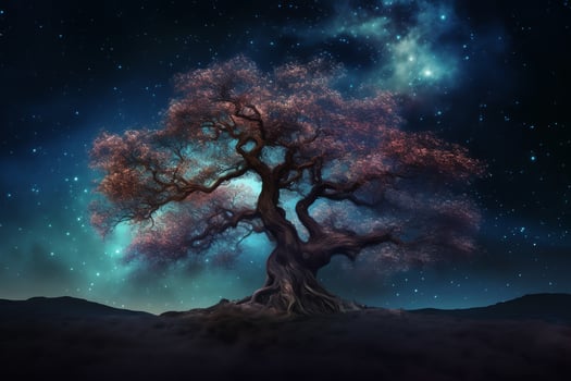 Fantasy tree in the night sky with stars and nebula. photo