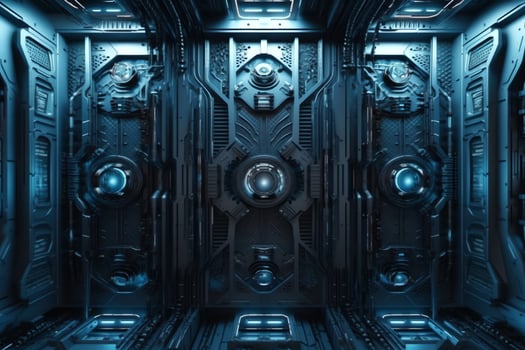 Futuristic biomechanical scifi texture wall panel with cables and blue leds. photo