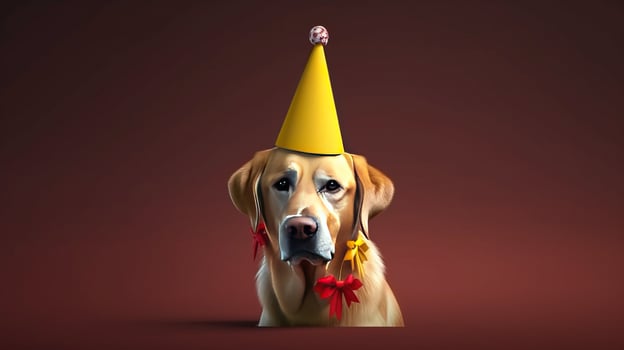 Dog in a party cap on a birthday on a holiday. Dark background, isolate. . photo