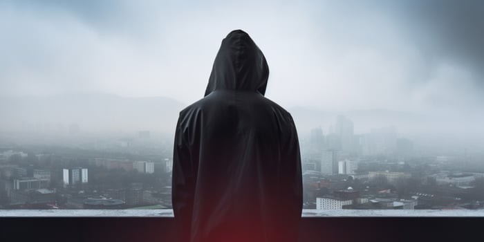 Hooded figure on rainy city photo