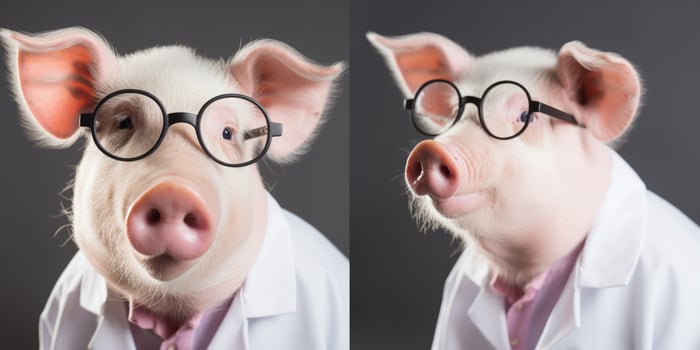 Pig wearing a lab coat with glasses photo
