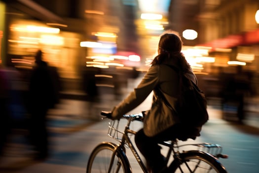 Photo of a person riding a bike in the city crowd under the lights at night in the city, and among the crowds of people. .