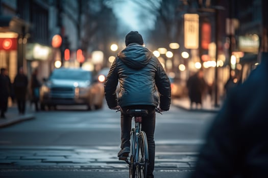 Photo of a person riding a bike in the city crowd under the lights at night in the city, and among the crowds of people. .