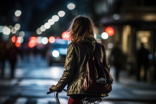 Photo of a person riding a bike in the city crowd under the lights at night in the city, and among the crowds of people. .