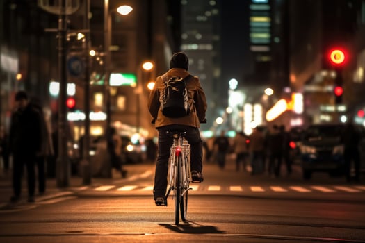 Photo of a person riding a bike in the city crowd under the lights at night in the city, and among the crowds of people. .
