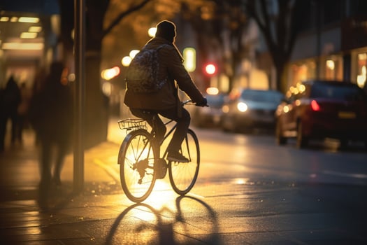 Photo of a person riding a bike in the city crowd under the lights at night in the city, and among the crowds of people. .