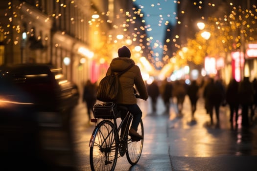 Photo of a person riding a bike in the city crowd under the lights at night in the city, and among the crowds of people. .