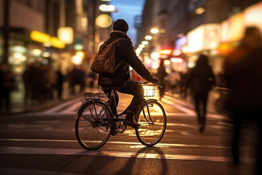 Photo of a person riding a bike in the city crowd under the lights at night in the city, and among the crowds of people. .