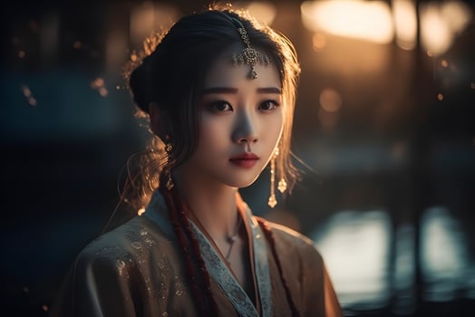 Asian woman in kimono at night. Neural network photo