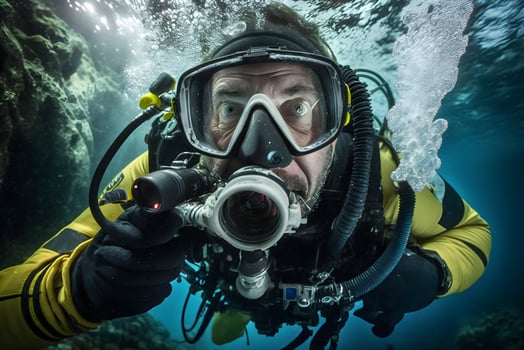 Male scuba diver underwater. Neural network photo