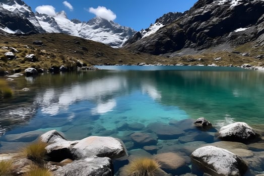Fantastic evening panorama of crystal lake. Neural network photo