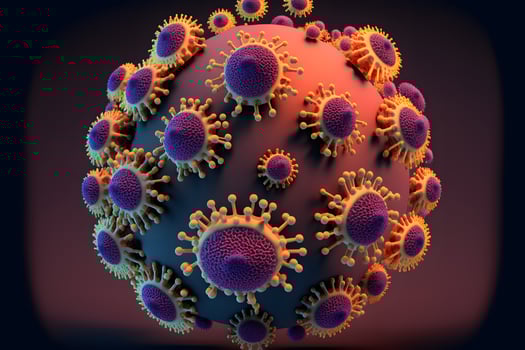 Abstract view of virus of indluenza or covid 19 novel coronavirus through microscope. Neural network generated art photo