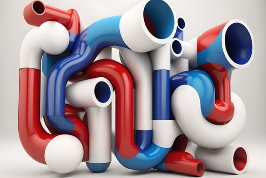 Abstract blue red and white pipes system on white background. Neural network generated art photo