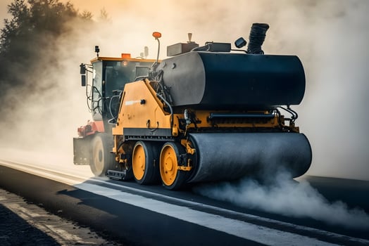 Worker operating asphalt paver machine finisher during road construction and repairing works. Neural network generated art photo