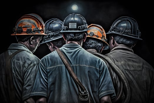 Back view of silhouettes of male workers in dark coal mine. Neural network generated art photo