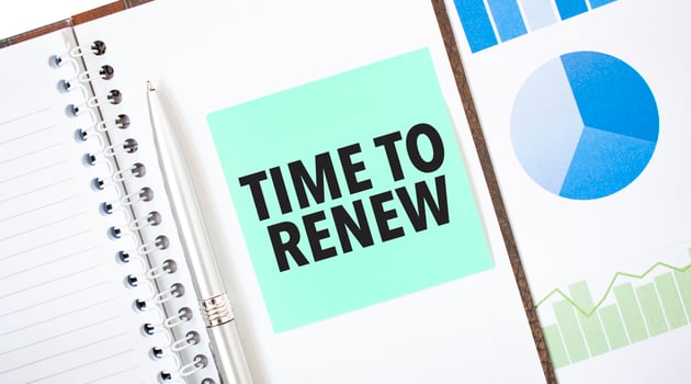 Green card on the white notepad. Text time to renew. Business concept photo