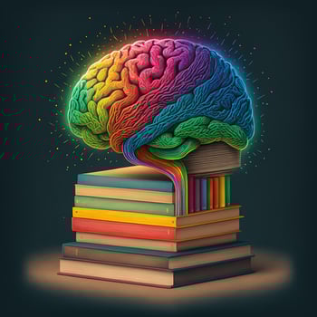 This whimsical image shows a brain with a library inside, its neurons and synapses lit up in a rainbow of joyful colors. A stack of books on a shelf indicates knowledge and learning, photo