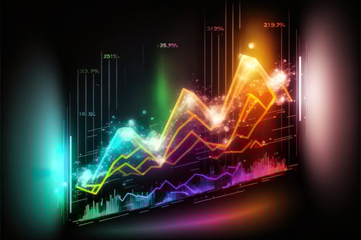 Business economic charts with light effects, neon. Abstract neon background, growth and fall analytics. Stock market trading investment candlestick graph. Finance and economy concept. photo