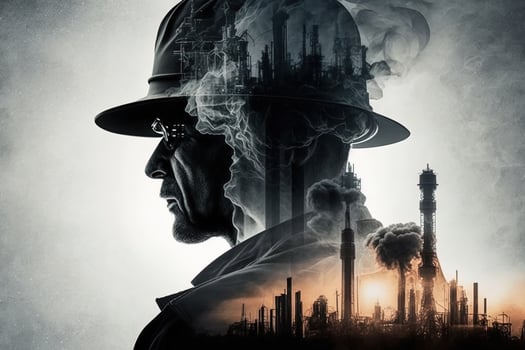 Conceptual graphic design of an energy sector and future manufacturing. With double exposure artwork, an oil, gas, and petrochemical refinery facility demonstrates the future of power. photo