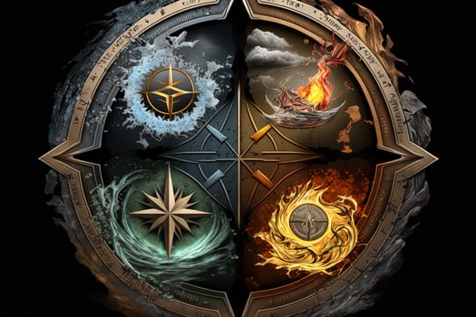 Four elements compass. . Colorful magical fantasy compass, four elements earth, fire, water, air. photo