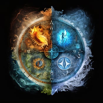 Four elements compass. . Colorful magical fantasy compass, four elements earth, fire, water, air. photo