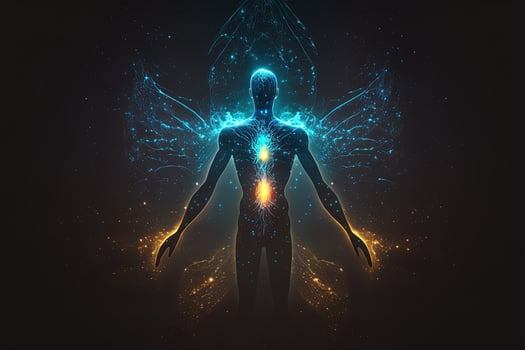 Astral body silhouette with abstract space background. Esoteric, spiritual life and meditation concept. Afterlife and connection with other worlds. Created with photo