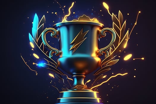 Champion golden trophy with gold stars on blue dark background. Generation AI. Concept of success and achievement. Gold glitters explosion. photo