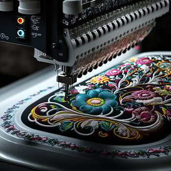 Modern and automatic high technology embroidery machine for textile or clothing apparel making manufacturing process in industrial. Close up Computerized embroidery machines. photo