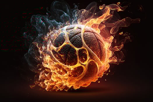 of a Glowing Ball Burning on Fire in Orange Flames, Giving off Heat and Smoke for Competitive Basketball A Visual representation of the Madness and Excitement of the Game photo