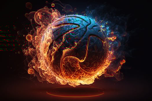 of a Glowing Ball Burning on Fire in Orange Flames, Giving off Heat and Smoke for Competitive Basketball A Visual representation of the Madness and Excitement of the Game photo