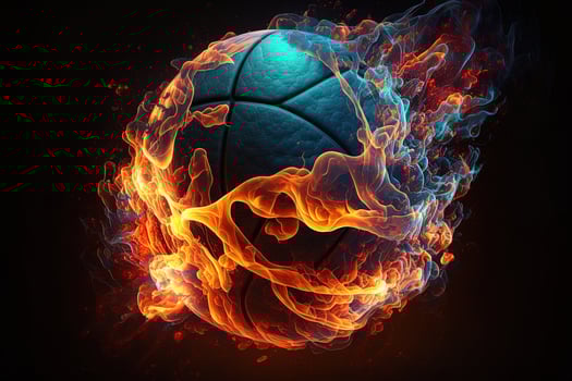 of a Glowing Ball Burning on Fire in Orange Flames, Giving off Heat and Smoke for Competitive Basketball A Visual representation of the Madness and Excitement of the Game photo