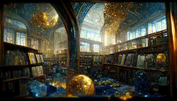 Interior of Magic Library, ornamental glass window, shattered golden nebula, shattered crystals. image of a colorful library of magic, with a large stained glass colorful window photo