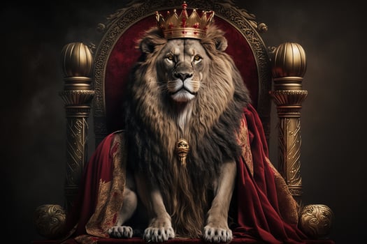 Royal lion wearing a gold crown and red cloak sitting on a golden and red throne. Golden shining king of beasts lion on a royal golden throne. illustration photo
