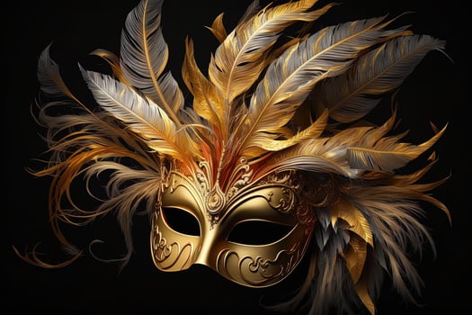 Venetian carnival mask. Gold color, colored feathers. Happy carnival festival, attributes of the Brazilian carnival. Venetian carnival mask and beads decoration. Mardi gras background. photo