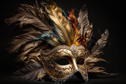 Venetian carnival mask. Gold color, colored feathers. Happy carnival festival, attributes of the Brazilian carnival. Venetian carnival mask and beads decoration. Mardi gras background. photo