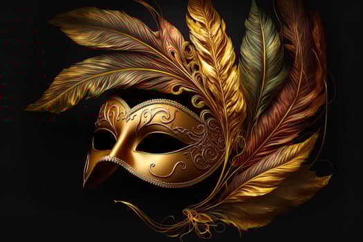 Venetian carnival mask. Gold color, colored feathers. Happy carnival festival, attributes of the Brazilian carnival. Venetian carnival mask and beads decoration. Mardi gras background. photo