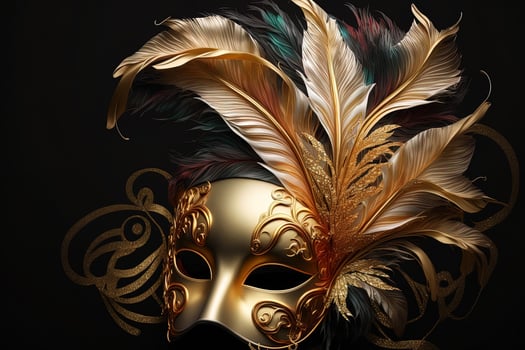 Venetian carnival mask. Gold color, colored feathers. Happy carnival festival, attributes of the Brazilian carnival. Venetian carnival mask and beads decoration. Mardi gras background. photo