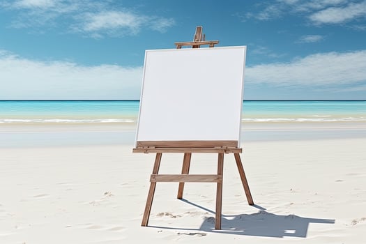 White blank artist frame on a small wooden easel on summer sea beach background with copy space. Advertising mockup artboard for pictures or artwork. Painting frame template banner. photo