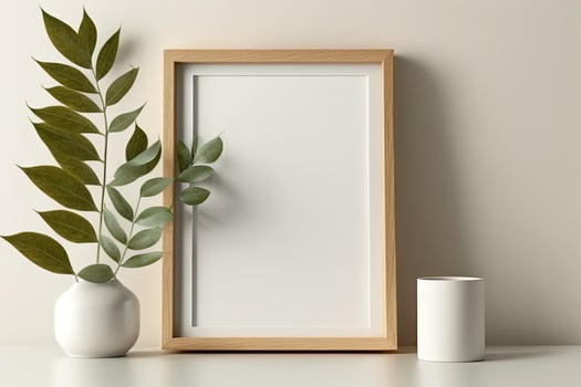 Blank picture frame mockup on wall in modern interior. Artwork template mock up in interior design. Wooden Picture Frame Mockup on White Wall Minimalist - photo