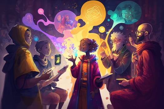 a multiverse of speech, a fantasy world where everyone can talk, with a lot of poetry, colorful, diverse avatars interacting with each other. photo