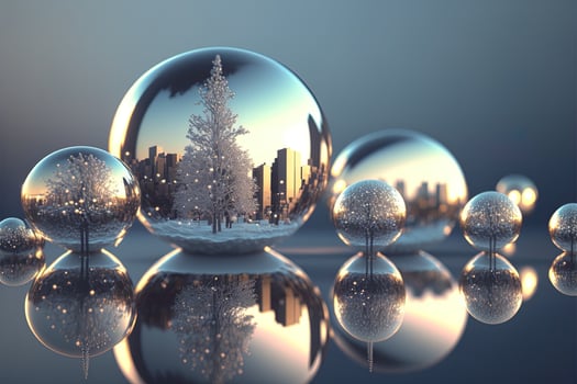 Christmas white decorations on snow with fir tree branches. Winter Decoration Background. Focus of tiny liquid mirror balls falling from the sky , each containing a tiny perfect city inside photo
