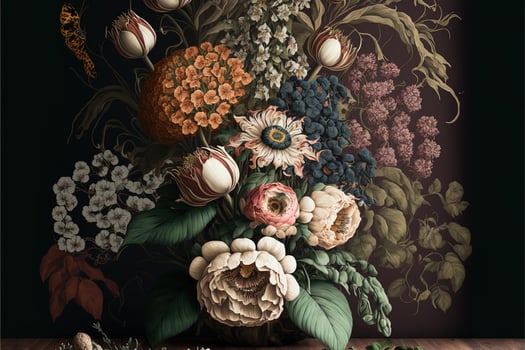 beautiful fantasy vintage wallpaper botanical flower bunch,vintage motif for floral print. photo