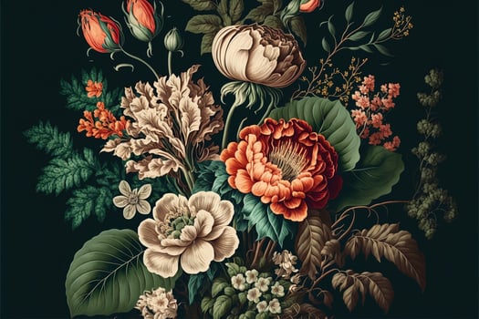 beautiful fantasy vintage wallpaper botanical flower bunch,vintage motif for floral print. photo