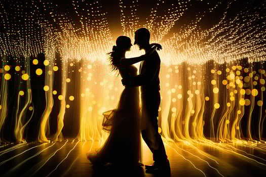 Silhouette couple dances in front of a wall of lights, exemplifying the energy and passion in their relationship, , valentine concept. photo