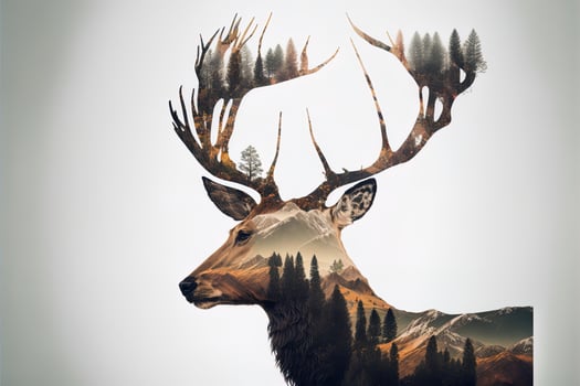 Double exposure of a deer and jungle on white background. Camping concept. Vintage Grizzly for t-shirt design, sticker, poster, and wallpaper. Adventure deer illustration photo