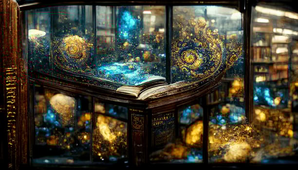Interior of Magic Library, ornamental glass window, shattered golden nebula, shattered crystals. image of a colorful library of magic, with a large stained glass colorful window photo